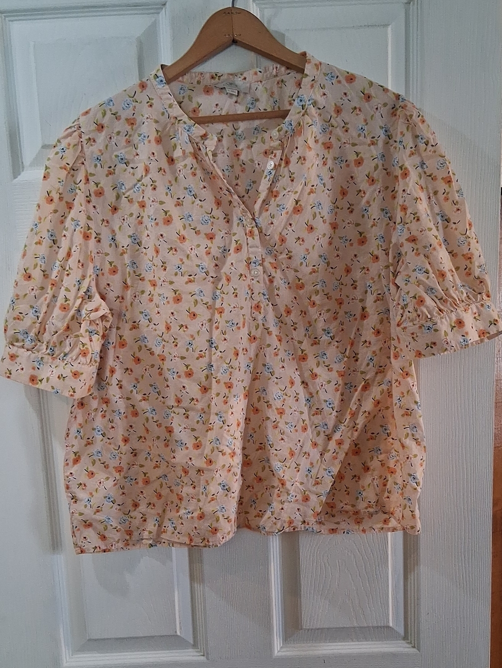 LOFT Peach Floral Short-Sleeve Button Blouse 100% Cotton